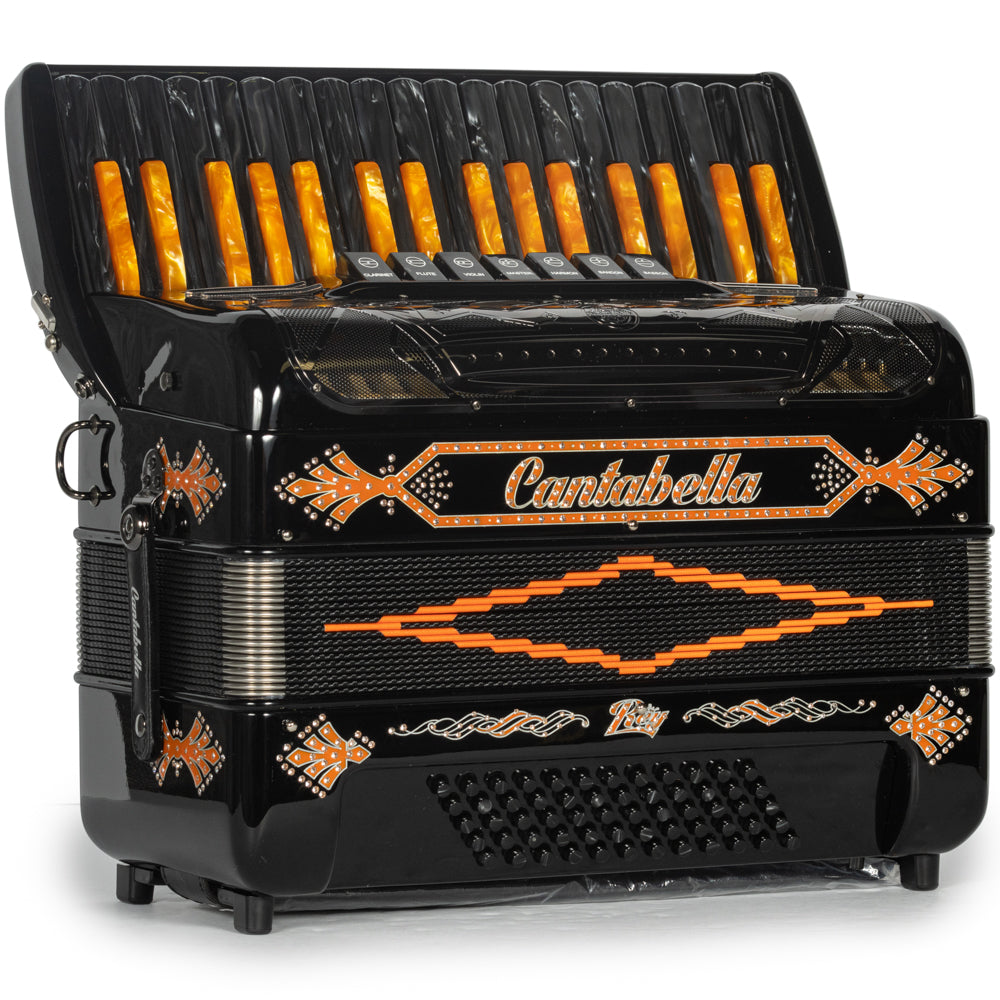 Cantabella Rey Piano Accordion 7 Switch Black with Orange Hermes Music Accordion Pro Shop