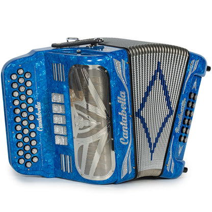 Cantabella Roadmaster Acordeón 5 Registros Fa Ondas Azules con Diapasón Pintado y Fuelles Plata
