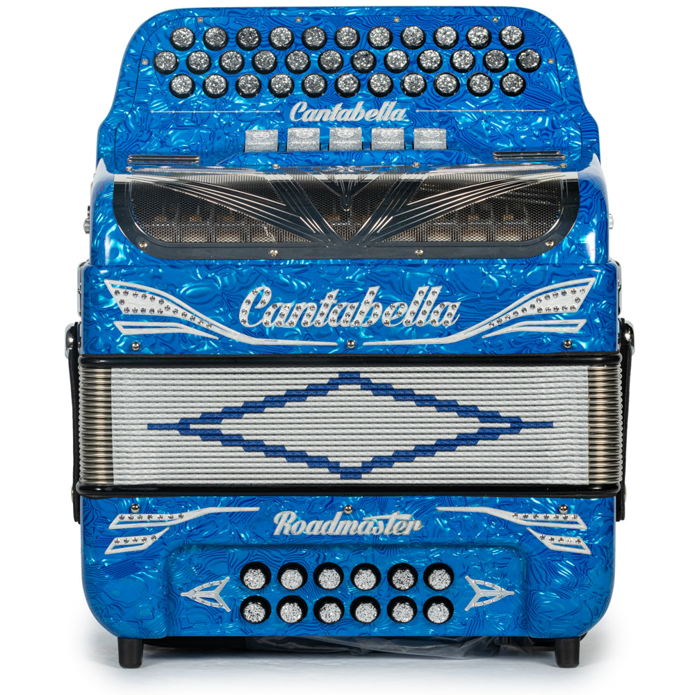 Cantabella Roadmaster Acordeón 5 Registros Fa Ondas Azules con Diapasón Pintado y Fuelles Plata