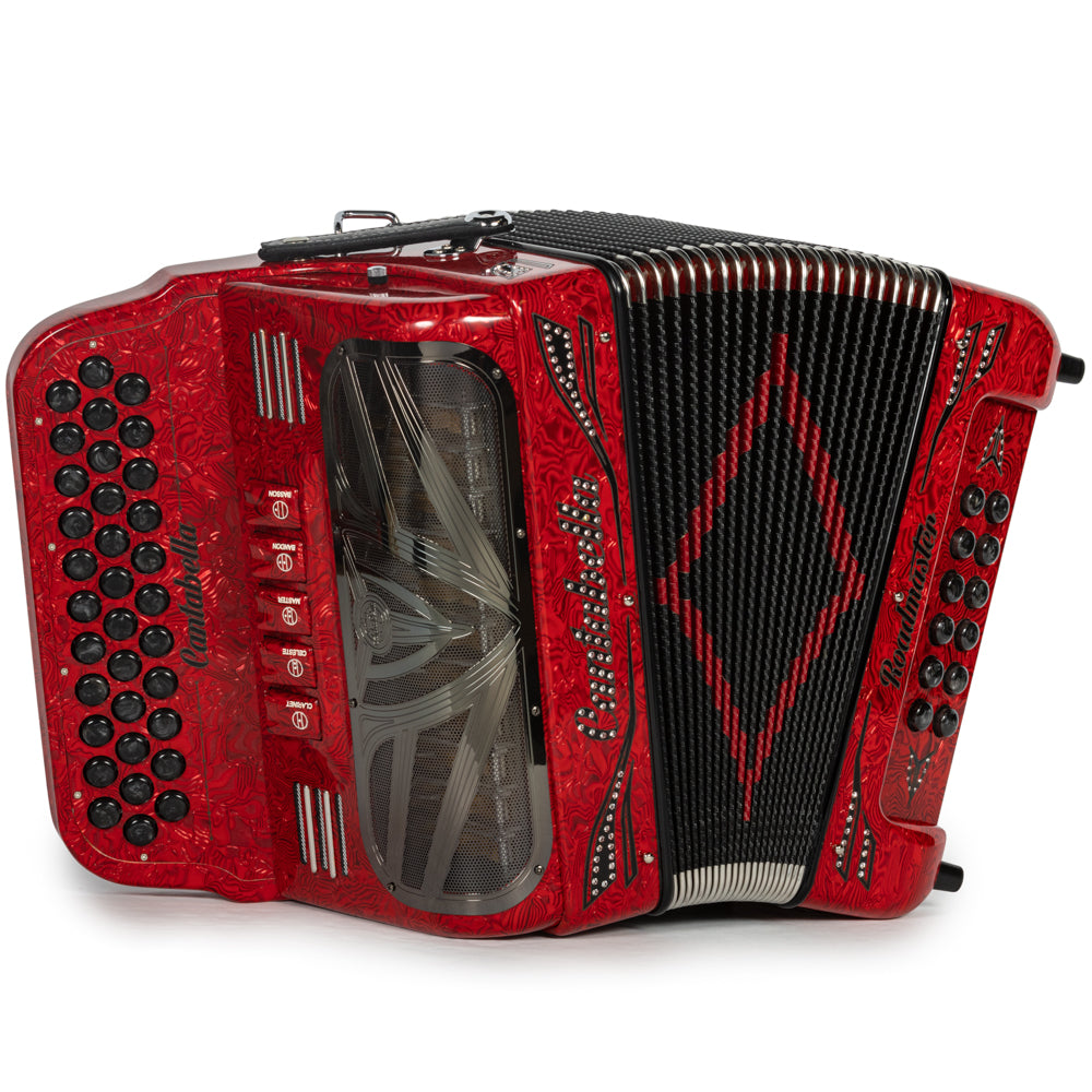 Cantabella Roadmaster Acordeón 5 Registros Mi Ondas Rojas con Negro y Diapasón Pintado
