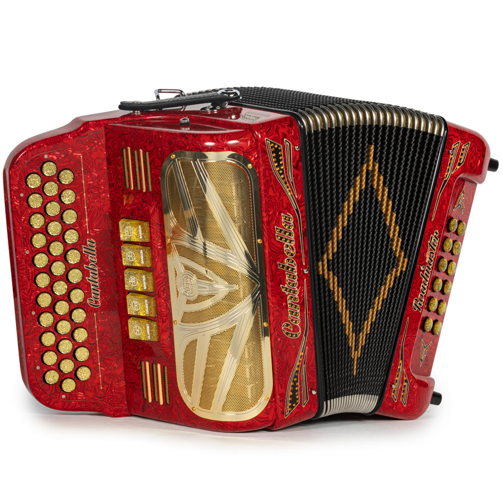 Cantabella Roadmaster Acordeón 5 Registros Fa Ondas Rojas con Negro y Oro y Diapasón Pintado