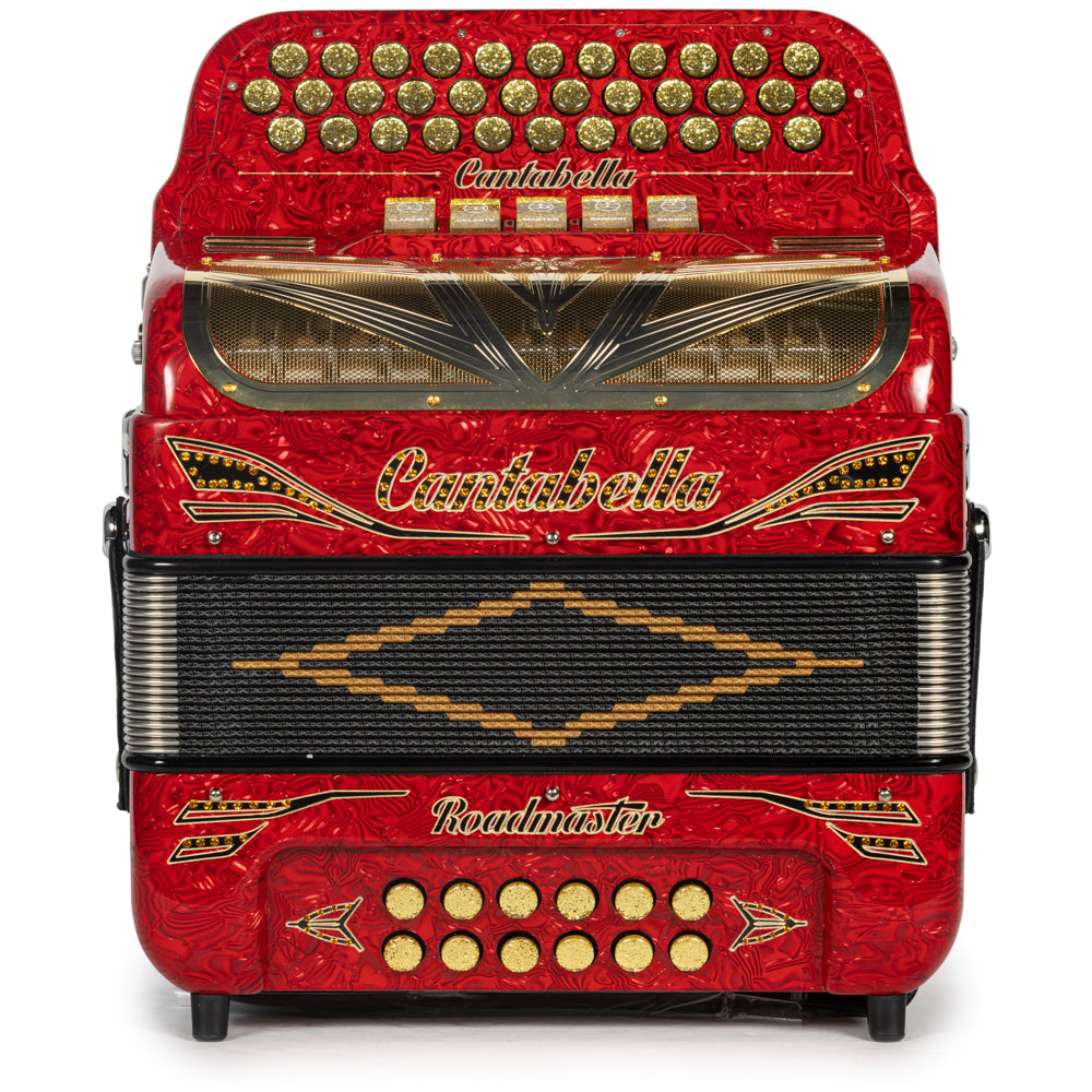 Cantabella Roadmaster Acordeón 5 Registros Fa Ondas Rojas con Negro y Oro y Diapasón Pintado