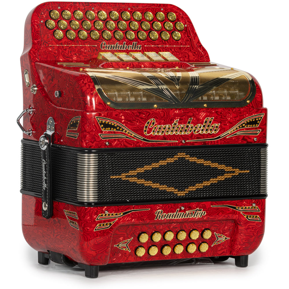 Cantabella Roadmaster Acordeón 5 Registros Fa Ondas Rojas con Negro y Oro y Diapasón Pintado