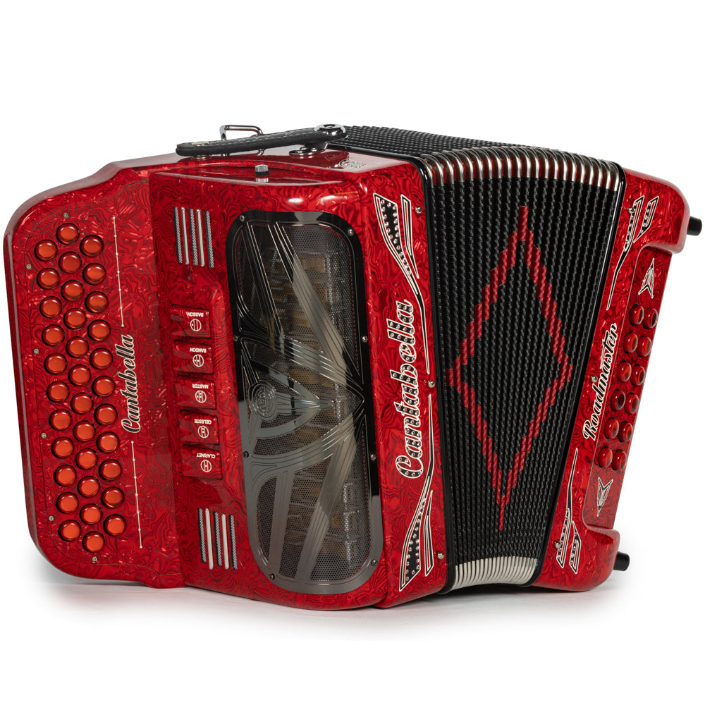 Cantabella Roadmaster Acordeón 5 Registros Fa Ondas Rojas con Negro y Blanco y Diapasón Pintado