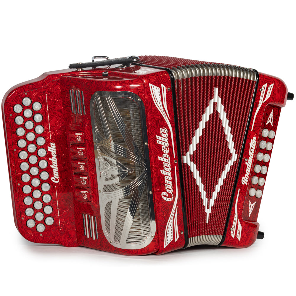 Cantabella Roadmaster Acordeón 5 Registros Sol Ondas Rojas y Blanco con Diapasón Pintado y Fuelles Rojos