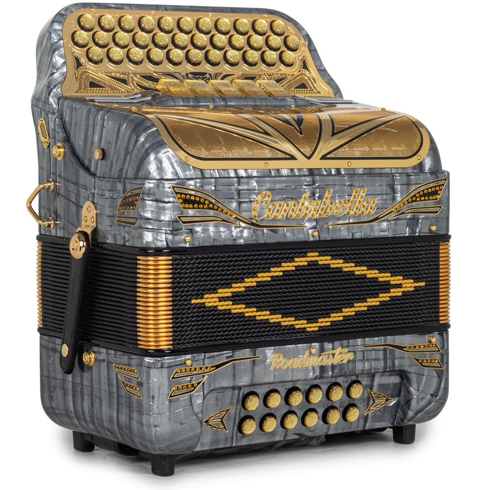Cantabella Roadmaster Acordeón Ultra Compacto 5 Registros Mi Plata Celuloide con Dorado