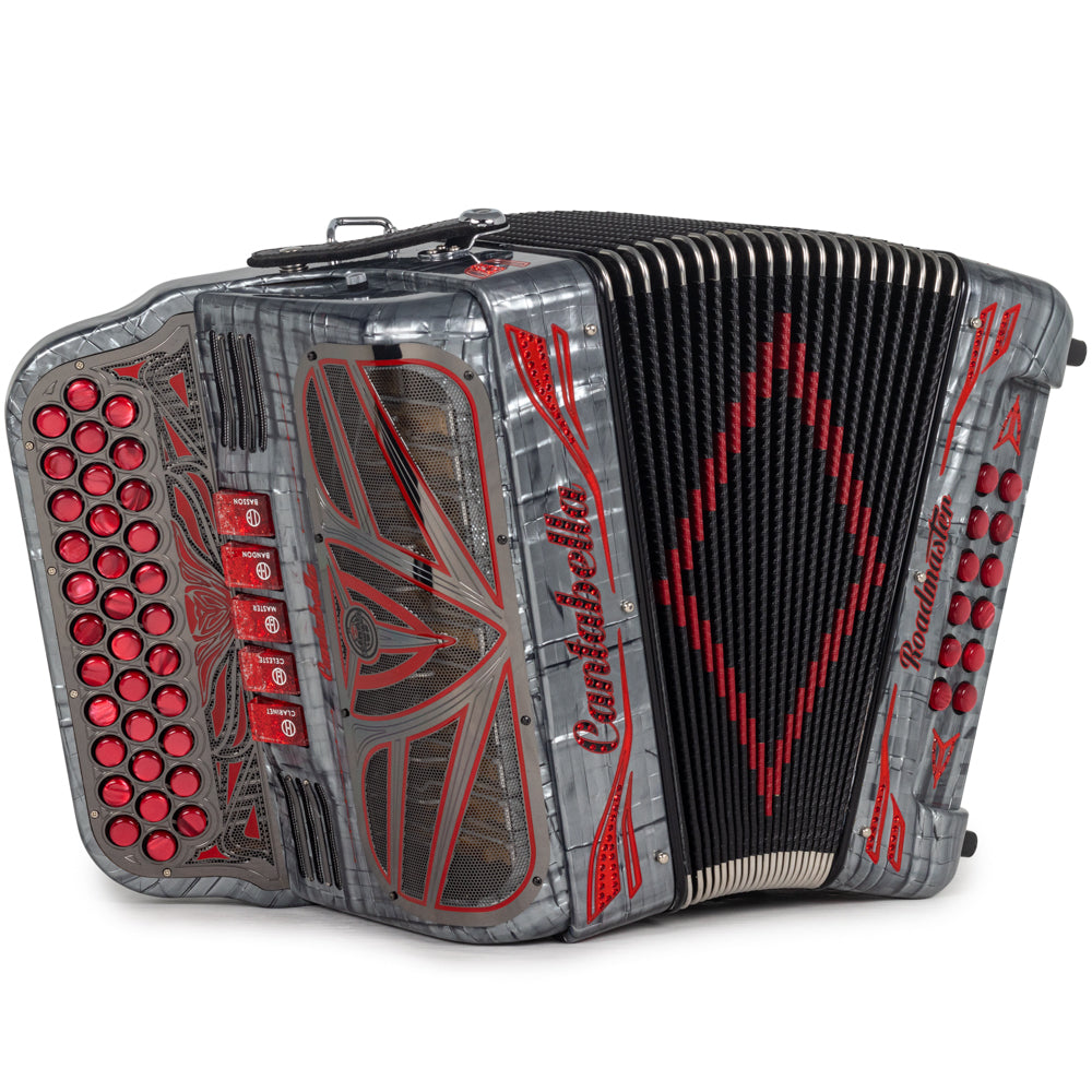 Cantabella Roadmaster Acordeón Ultra Compacto 5 Registros Mi Plata Celuloide con Rojo