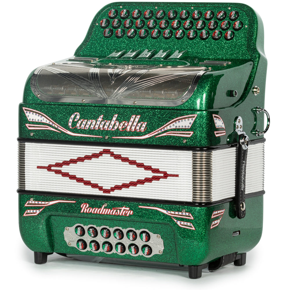 Cantabella Reina Acordeón 5 Registros Fa Brillo Verde con Rojo Blanco y Verde y Diapasón Pintado