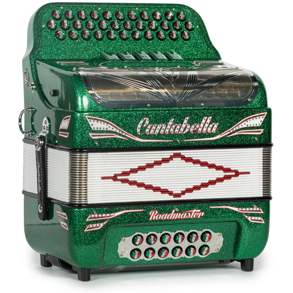 Cantabella Reina Acordeón 5 Registros Fa Brillo Verde con Rojo Blanco y Verde y Diapasón Pintado