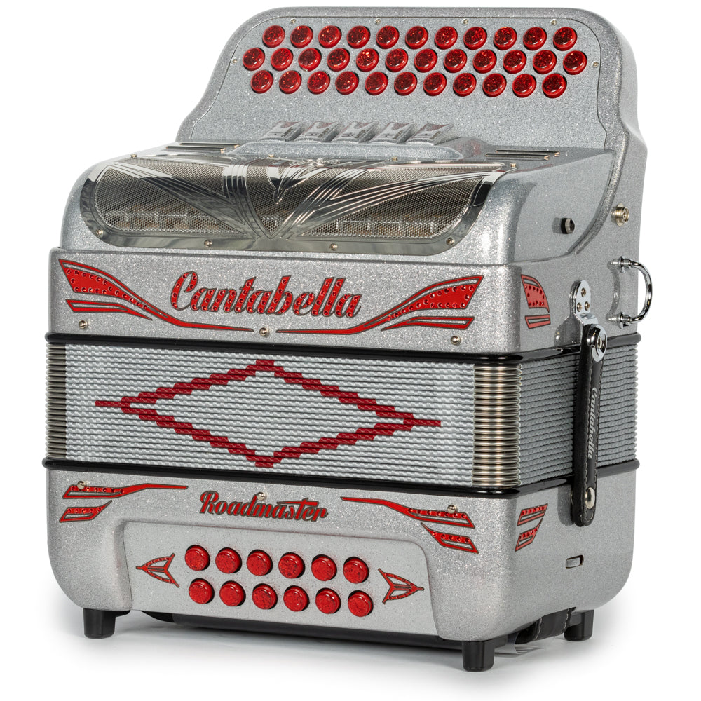Cantabella Roadmaster Accordion 5 Switch GCF Silver Glitter with Red Painted Fretboard-accordions-Cantabella-Hermes Music-Accordion Pro Shop
