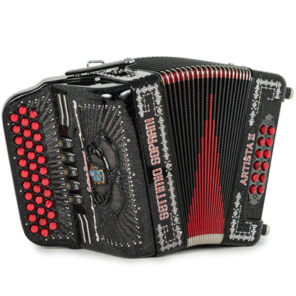 Settimio Soprani Artista II Ultra Compacto Acordeon 5 Registros Mi Brillo Negro con Rojo y Blanco