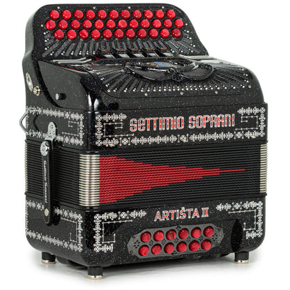 Settimio Soprani Artista II Ultra Compacto Acordeon 5 Registros Mi Brillo Negro con Rojo y Blanco