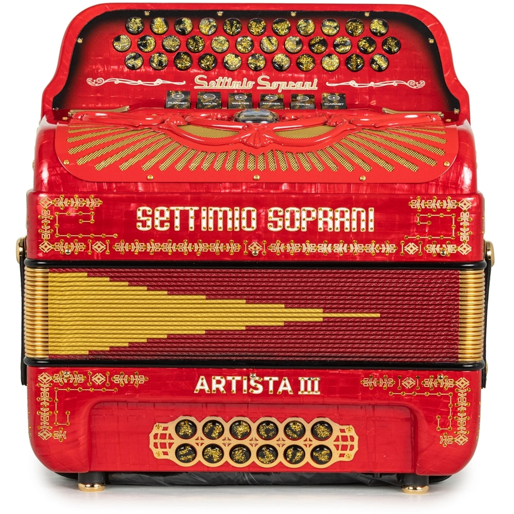 Settimio Soprani Artista III Acordeon 6 Registros Fa-Mi Rojo y Oro