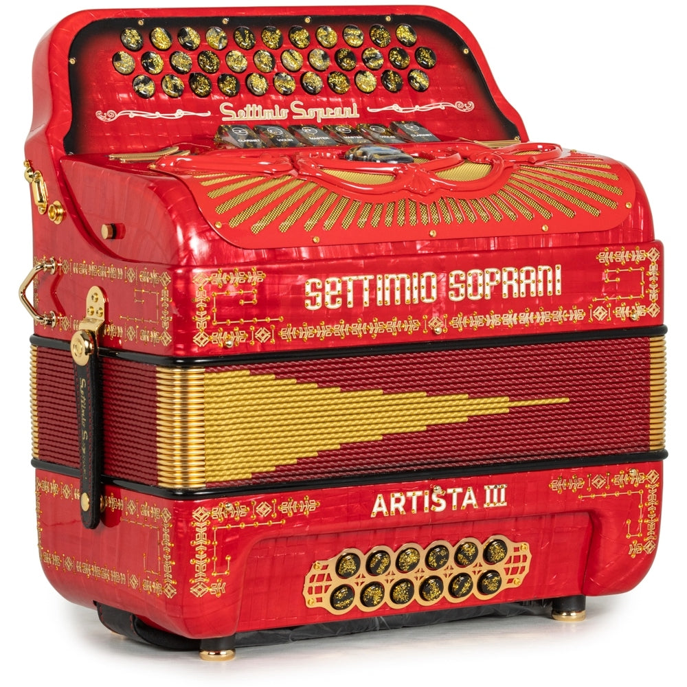 Settimio Soprani Artista III Acordeon 6 Registros Fa-Mi Rojo y Oro