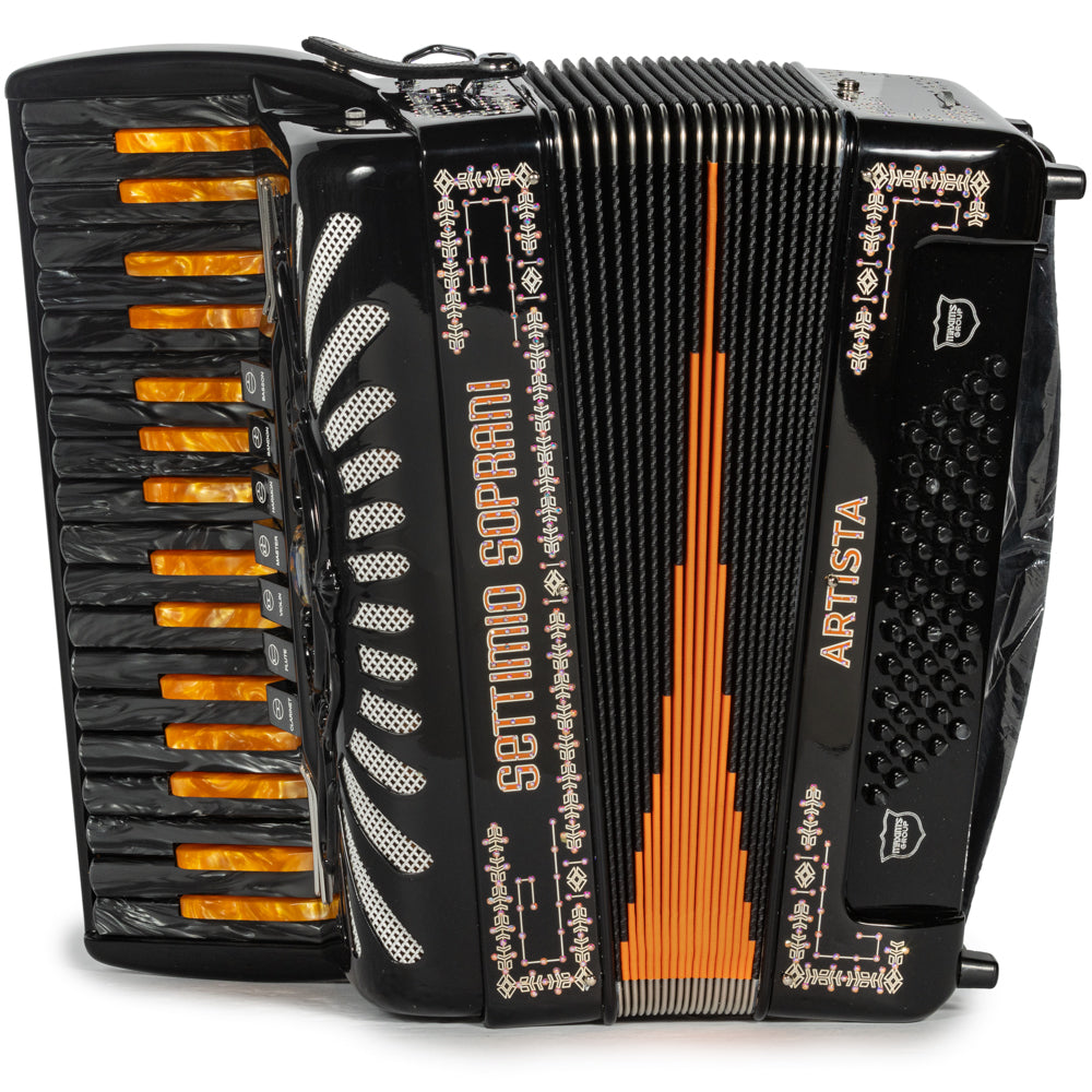 Settimio Soprani Artista Piano Accordion 7 Black with Orange Hermes Music Accordion Pro Shop