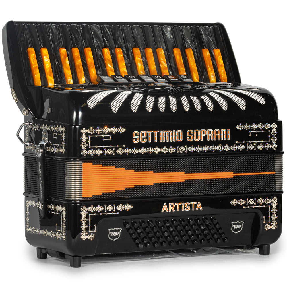 Settimio Soprani Artista Piano Accordion 7 Black with Orange Hermes Music Accordion Pro Shop