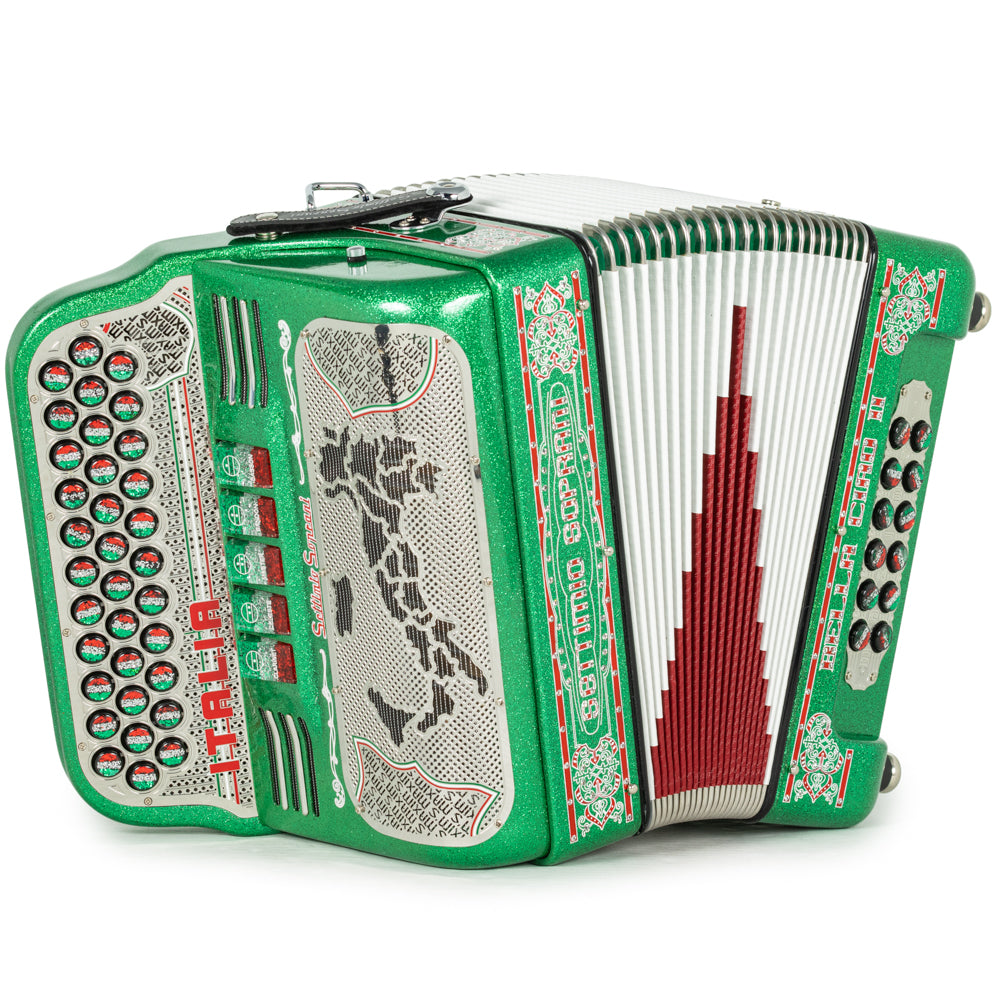 Settimio Soprani Bella Ciao II Ultra Compacto Acordeon 5 Registros Fa Brillo Verde con Rojo Blanco y Verde