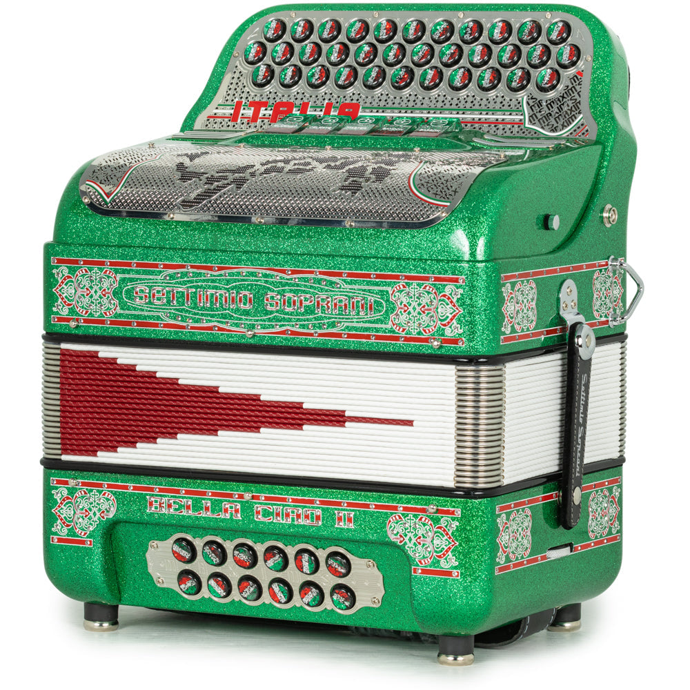 Settimio Soprani Bella Ciao II Ultra Compacto Acordeon 5 Registros Fa Brillo Verde con Rojo Blanco y Verde