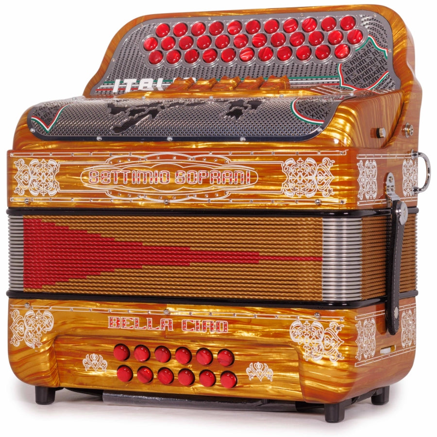 Settimio Soprani Bella Ciao Acordeon 5 Registros EAD Celuloide Madera Dorada y Accesorios Rojos