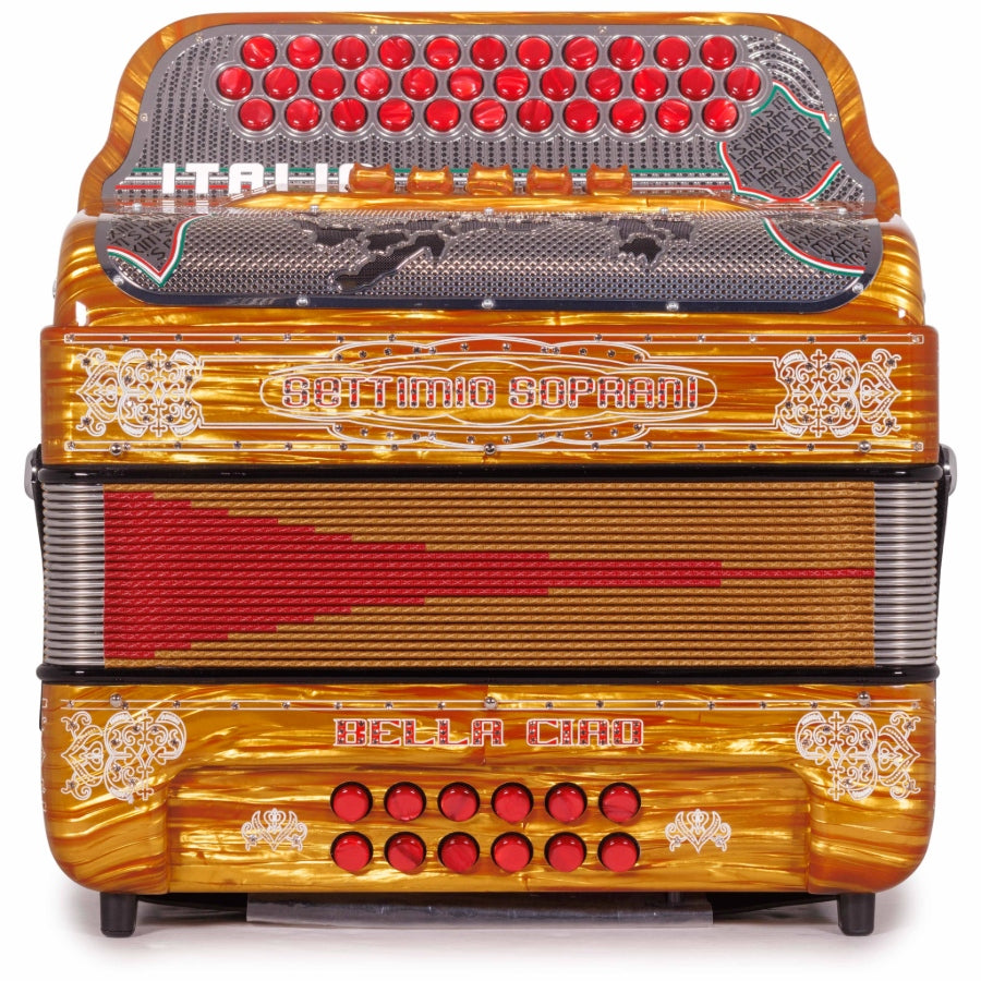 Settimio Soprani Bella Ciao Acordeon 5 Registros EAD Celuloide Madera Dorada y Accesorios Rojos