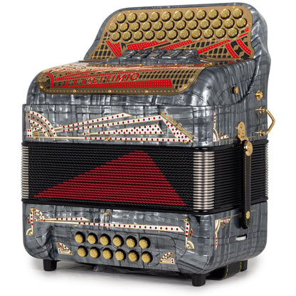Settimio Soprani Castello II Ultra Compacto Acordeon 5 Registros Mi Gris con Dorado y Rojo