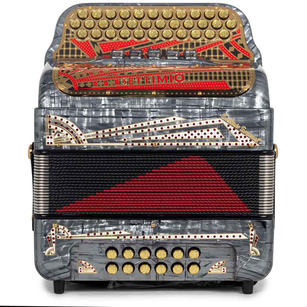 Settimio Soprani Castello II Ultra Compacto Acordeon 5 Registros Mi Gris con Dorado y Rojo