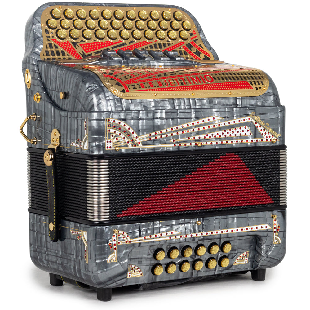 Settimio Soprani Castello II Ultra Compacto Acordeon 5 Registros Mi Gris con Dorado y Rojo