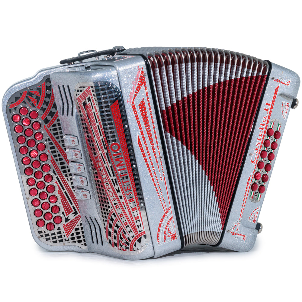 Settimio Soprani Castello II Acordeon 5 Registros Fa Brillo Plateado y Rojo
