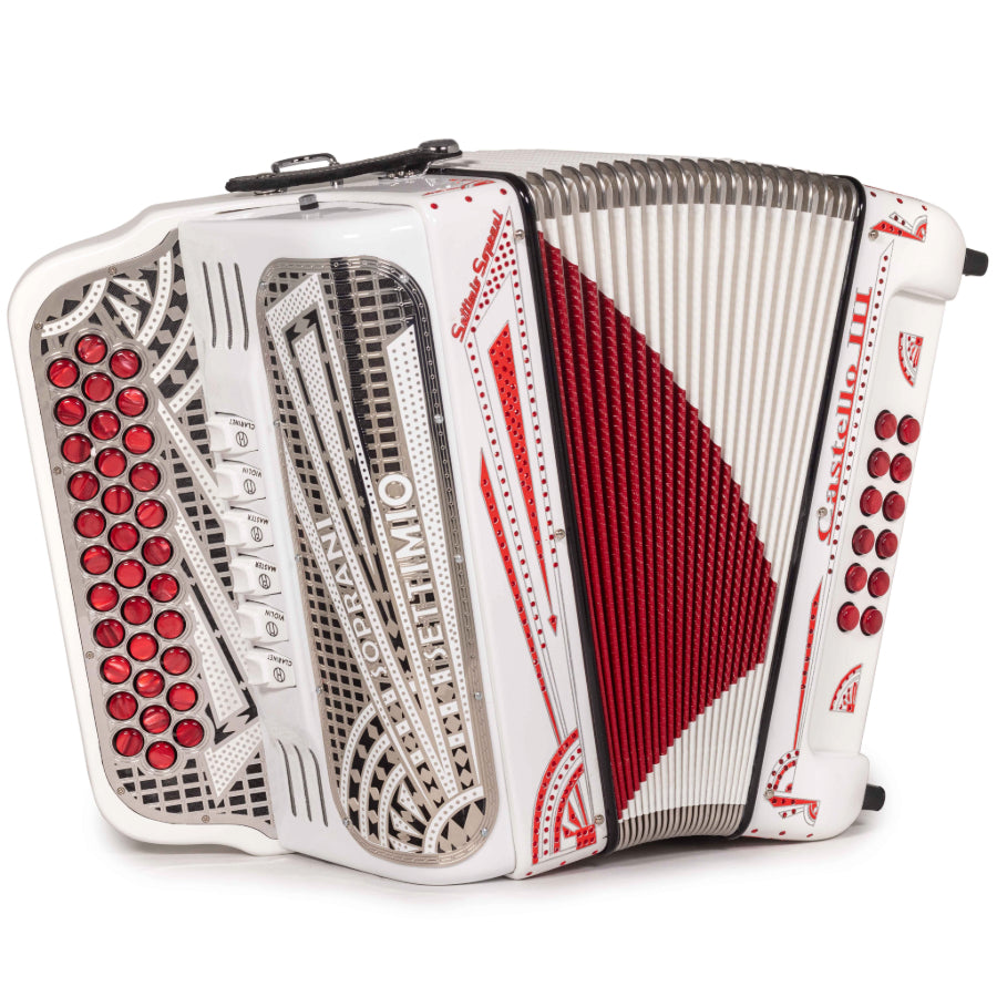 Settimio Soprani Castello III Acordeon 6 Registros FBE-GCF Blanco con Rojo