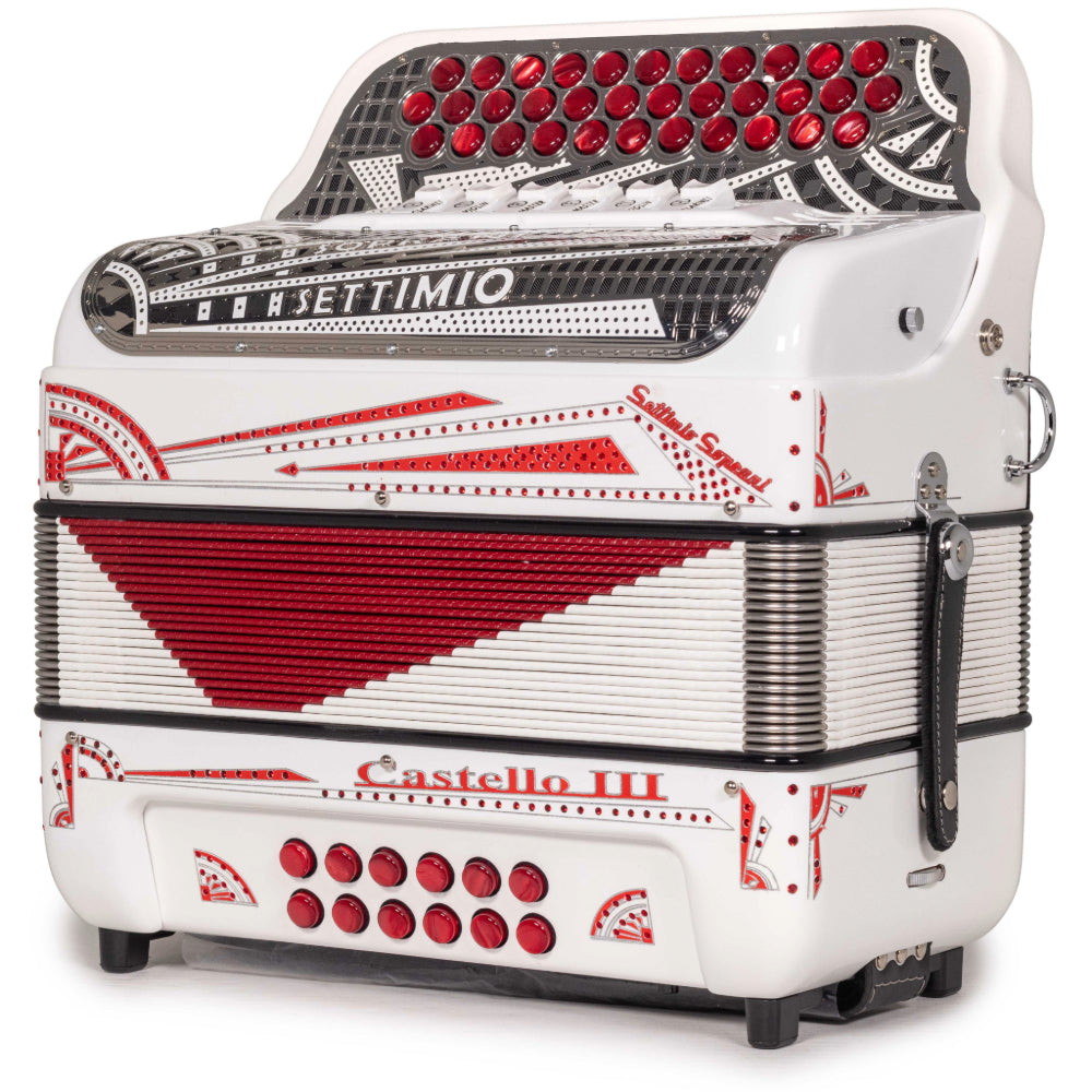 Settimio Soprani Castello III Acordeon 6 Registros FBE-GCF Blanco con Rojo