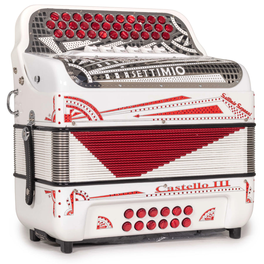 Settimio Soprani Castello III Acordeon 6 Registros FBE-GCF Blanco con Rojo