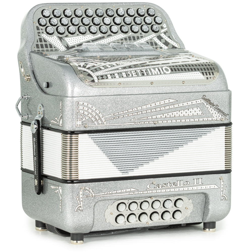 Settimio Soprani Castello II Acordeon 5 Registros Fa Brillo Plateado y Blanco