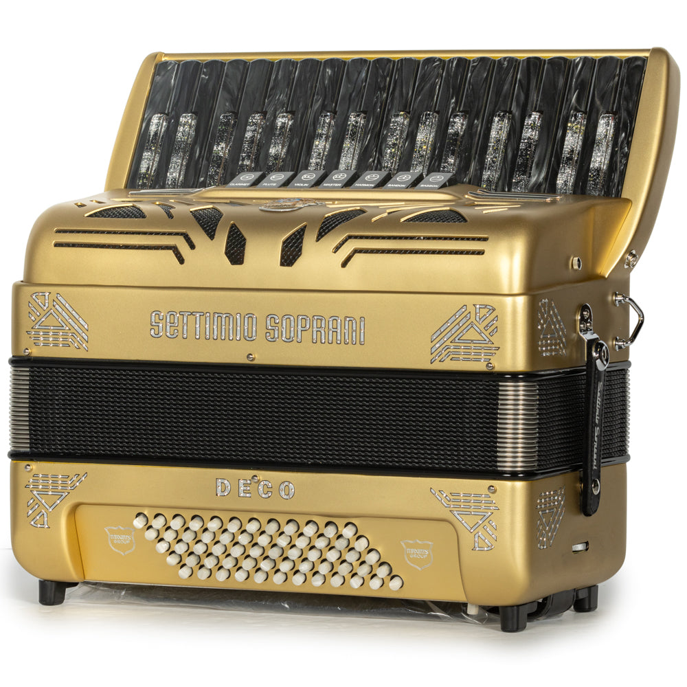 Settimio Soprani Deco Piano Accordion 7 Switch Matte Gold and Black Hermes Music Accordion Pro Shop