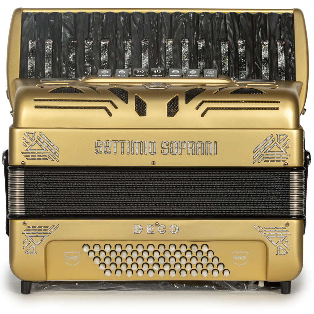 Settimio Soprani Deco Piano Accordion 7 Switch Matte Gold and Black Hermes Music Accordion Pro Shop
