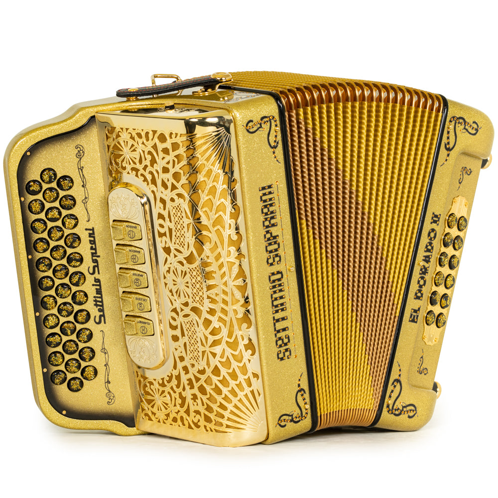 Settimio Soprani El Dorado II Acordeon 5 Registros Fa Brillo Oro y Negro
