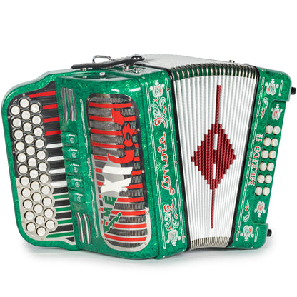 Sonola Mexico II Acordeón Ultra Compacto 5 Registros Sol Ondas Verde con Blanco y Rojo