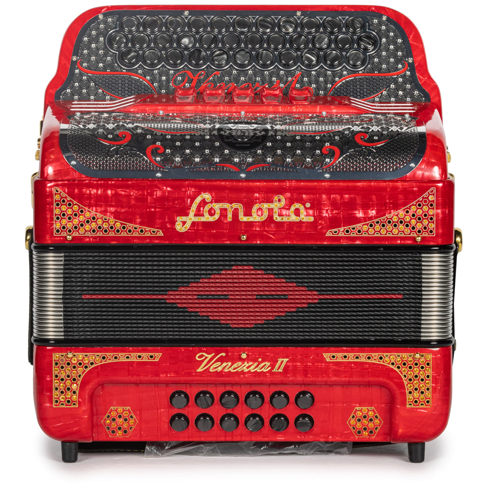 Sonola Venezia II Acordeón 5 Registros Sol Celluloid Rojo Metallico y Oro