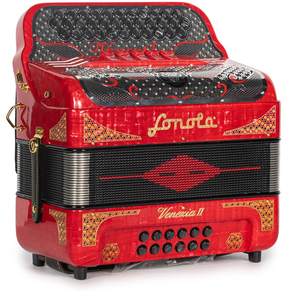 Sonola Venezia II Acordeón 5 Registros Sol Celluloid Rojo Metallico y Oro