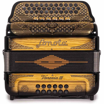 Sonola Venezia III Acordeón 6 Registros FA-MI  Negro con Textura de Madera y Dorado