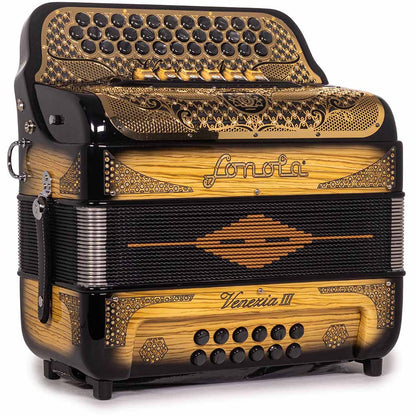 Sonola Venezia III Acordeón 6 Registros FA-MI  Negro con Textura de Madera y Dorado