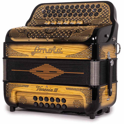 Sonola Venezia III Acordeón 6 Registros FA-MI  Negro con Textura de Madera y Dorado