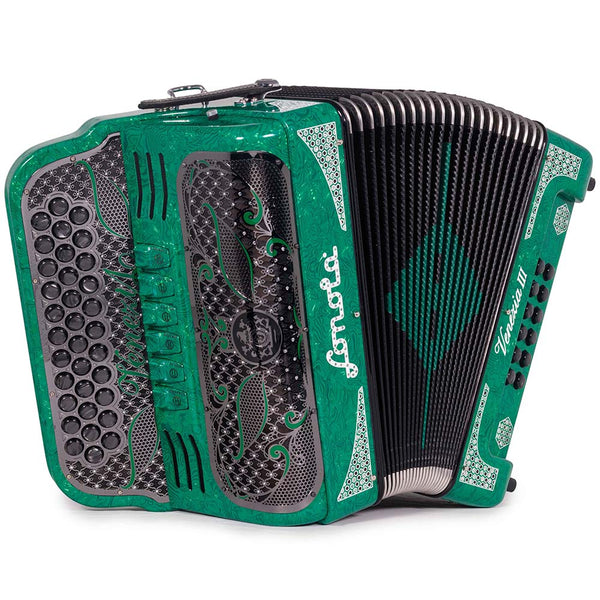 Sonola Venezia III Acordeón 6 Registros FA/SOL Celuloide con Ondas Verdes y Accesorios Plateados